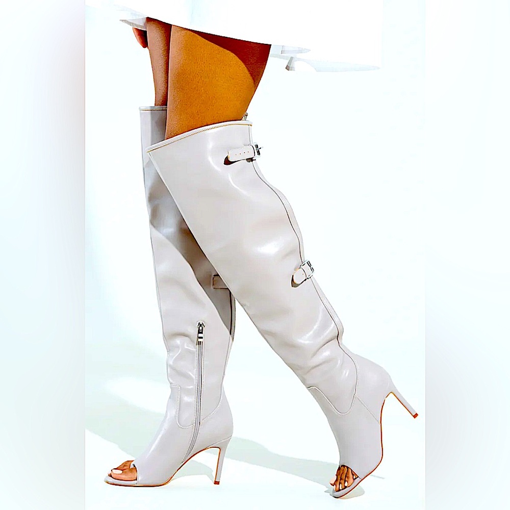 AZALEA WANG Glossy Grey Vegan Leather Open Toe Over the Knee Boots